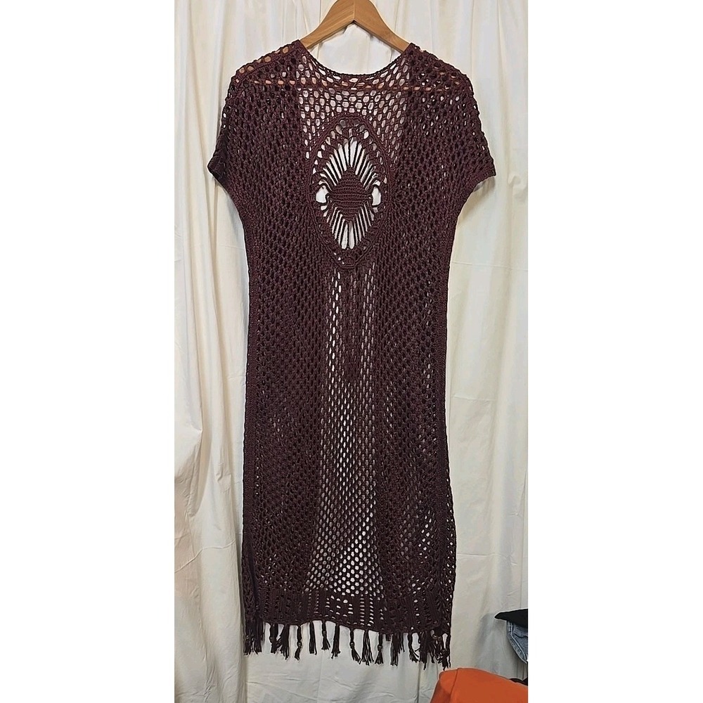 Indigo Thread Co ~ Maroon Crochet Long Sleeveless Cardigan Boho Cottagecore M - Picture 6 of 10